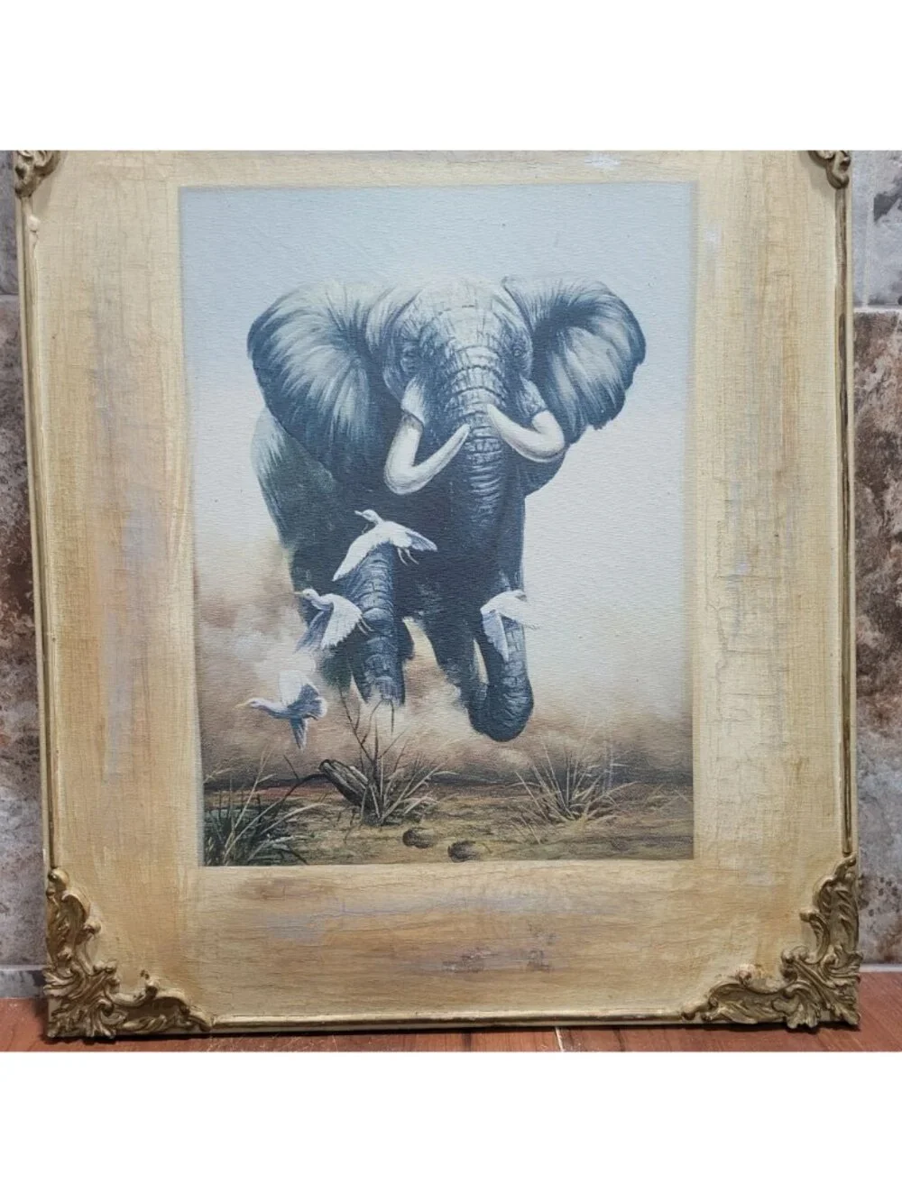 Elephant Egret Stretched Canvas Wall Art Print Wooden Frame